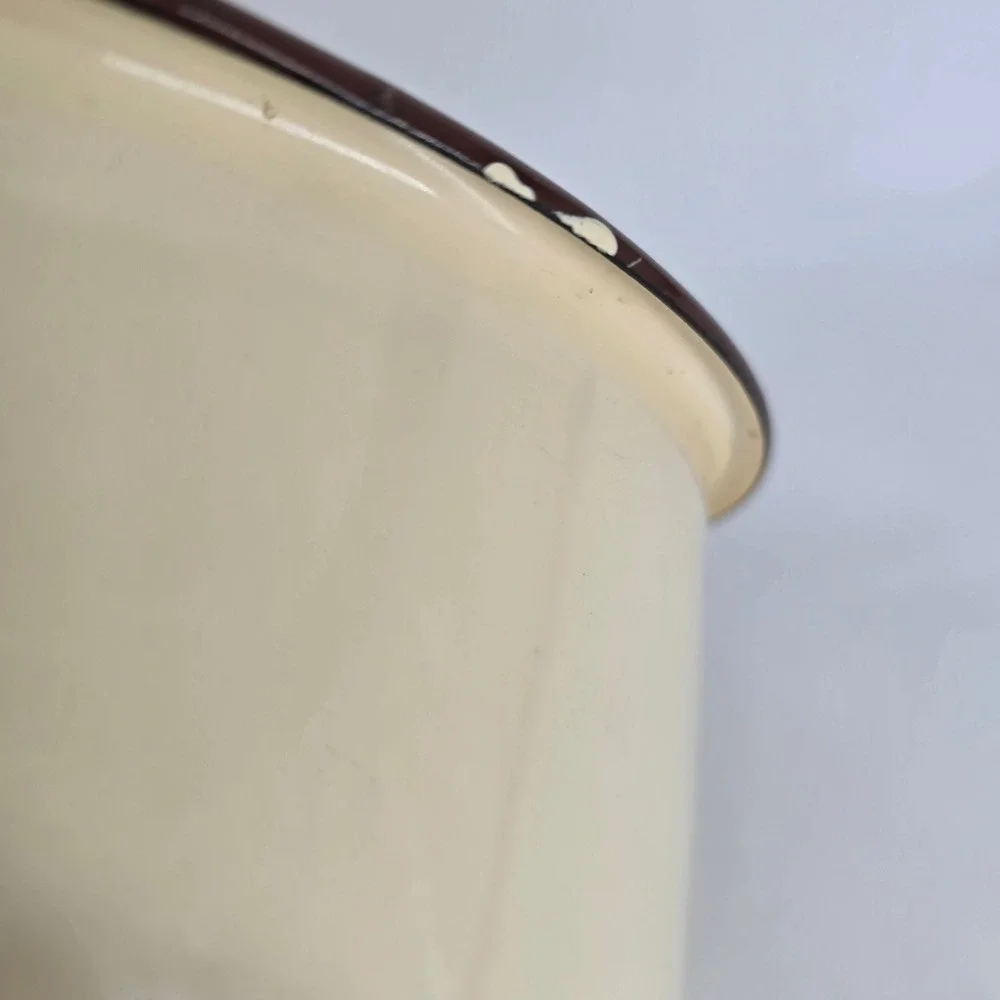 Vintage Enamelware Stock Pot Cream Brown Enamel Large Soup Pot with Lid 10.5in